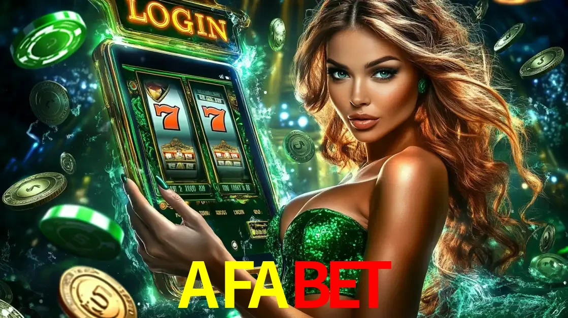 Mulher com tema verde apresentando o aplicativo do cassino AFABET com um jogo de slot de 777, cercada por fichas de cassino e uma aura de sorte.