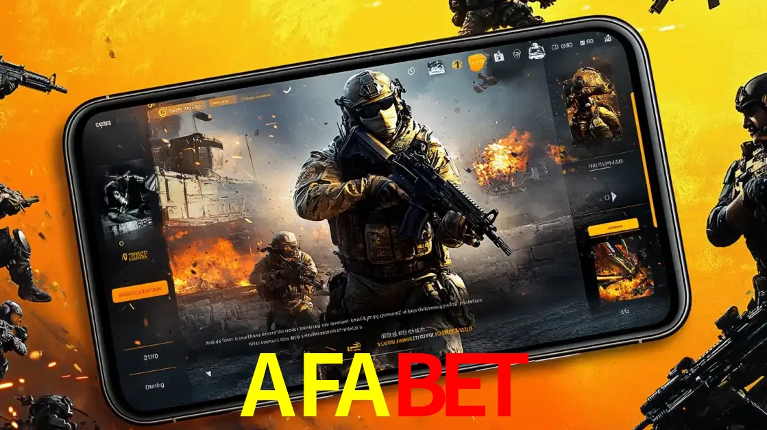 Um smartphone exibindo a interface de um jogo de tiro em primeira pessoa, com um soldado em um cenário de batalha, representando a ação dos e-sports para apostar no AFABET.