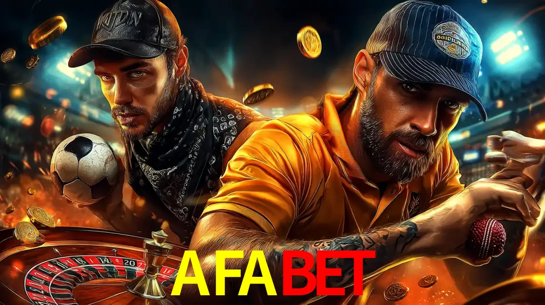 Montagem de apostas esportivas e cassino no AFABET, com um homem segurando uma bola de futebol e outro uma de beisebol sobre uma roleta e moedas voadoras.