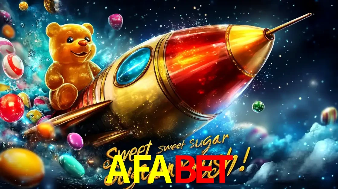 Arte promocional do jogo de slot Sugar Rush, com um urso de pelúcia em um foguete viajando pelo espaço de doces, um dos jogos divertidos disponíveis no cassino AFABET.