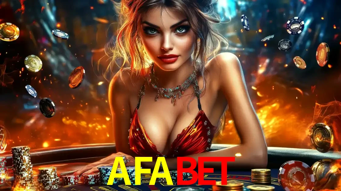 Mulher em uma mesa de cassino com pilhas de fichas e um fundo de fogo, pronta para uma rodada de altas apostas nos jogos de mesa emocionantes do cassino AFABET.