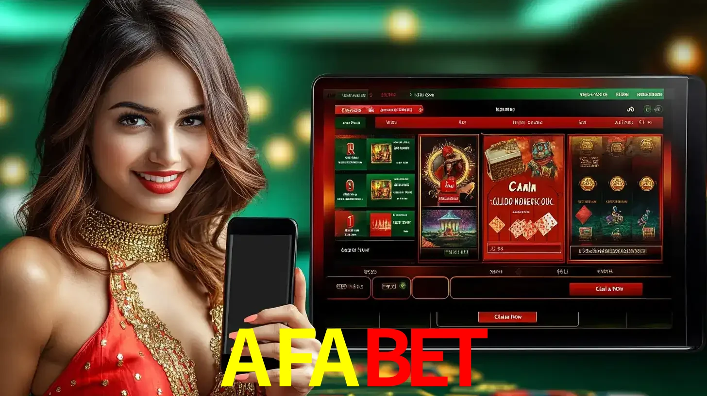 Mulher sorridente segurando um smartphone, ao lado de uma tela exibindo o lobby de jogos do cassino online AFABET, com várias opções de jogos de cartas e slots.